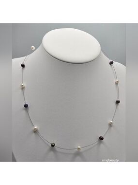 Floating Black & White Freshwater Pearl Necklace 17" Sterling Silver 925 Wire